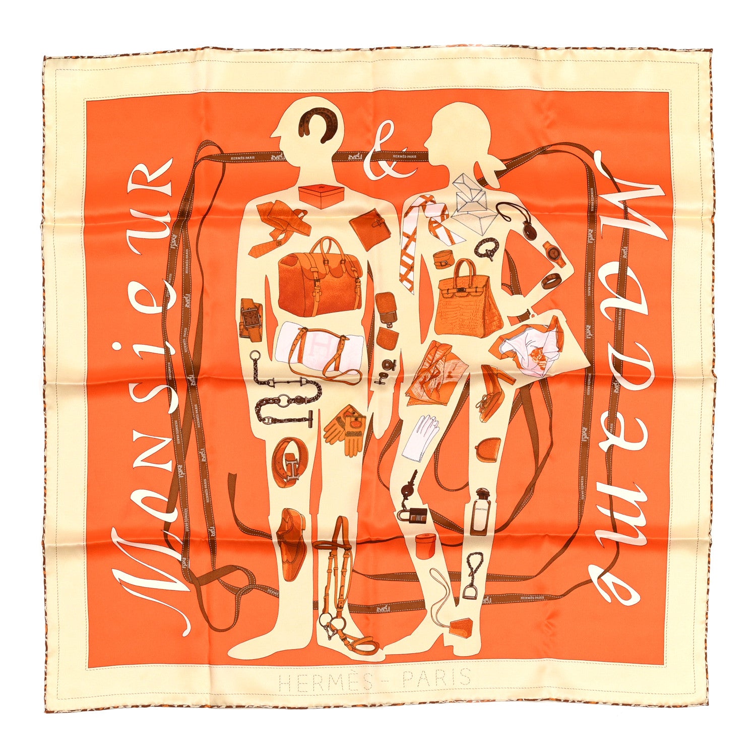 Hermes Vintage Silk Monsieur Et Madame Scarf 70 Creme Orange Marron 1 of 7