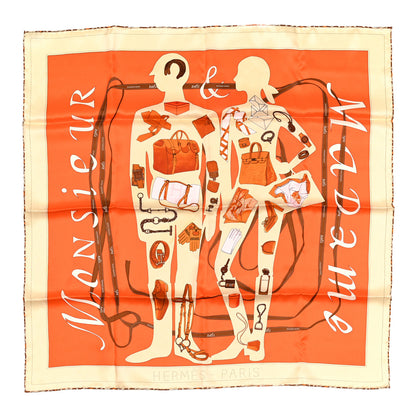 Hermes Vintage Silk Monsieur Et Madame Scarf 70 Creme Orange Marron 1 of 7