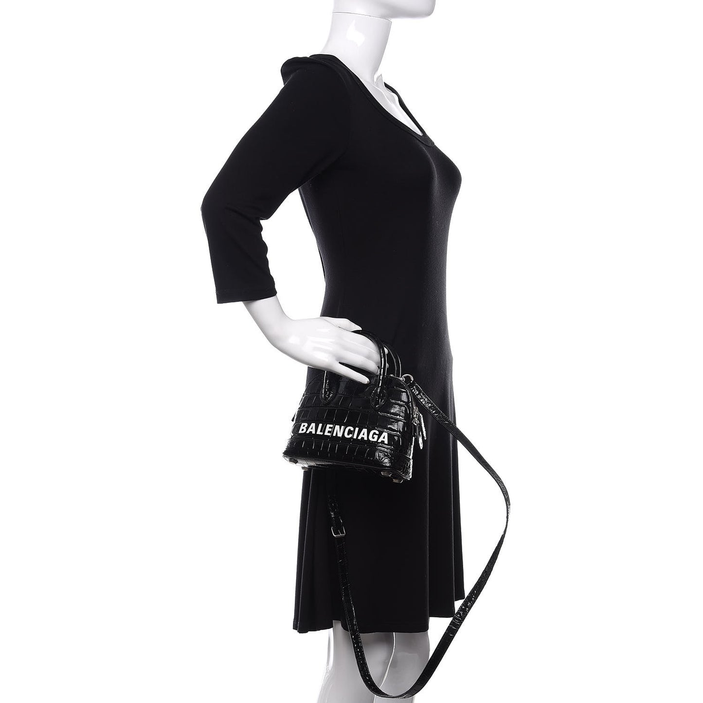 Shiny Calfskin Logo Crocodile Embossed XXS Ville Top Handle Bag Black White