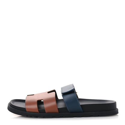 Hermes Calfskin Mens Chypre Sandals 43 Gold Bleu Celeste 1 of 12