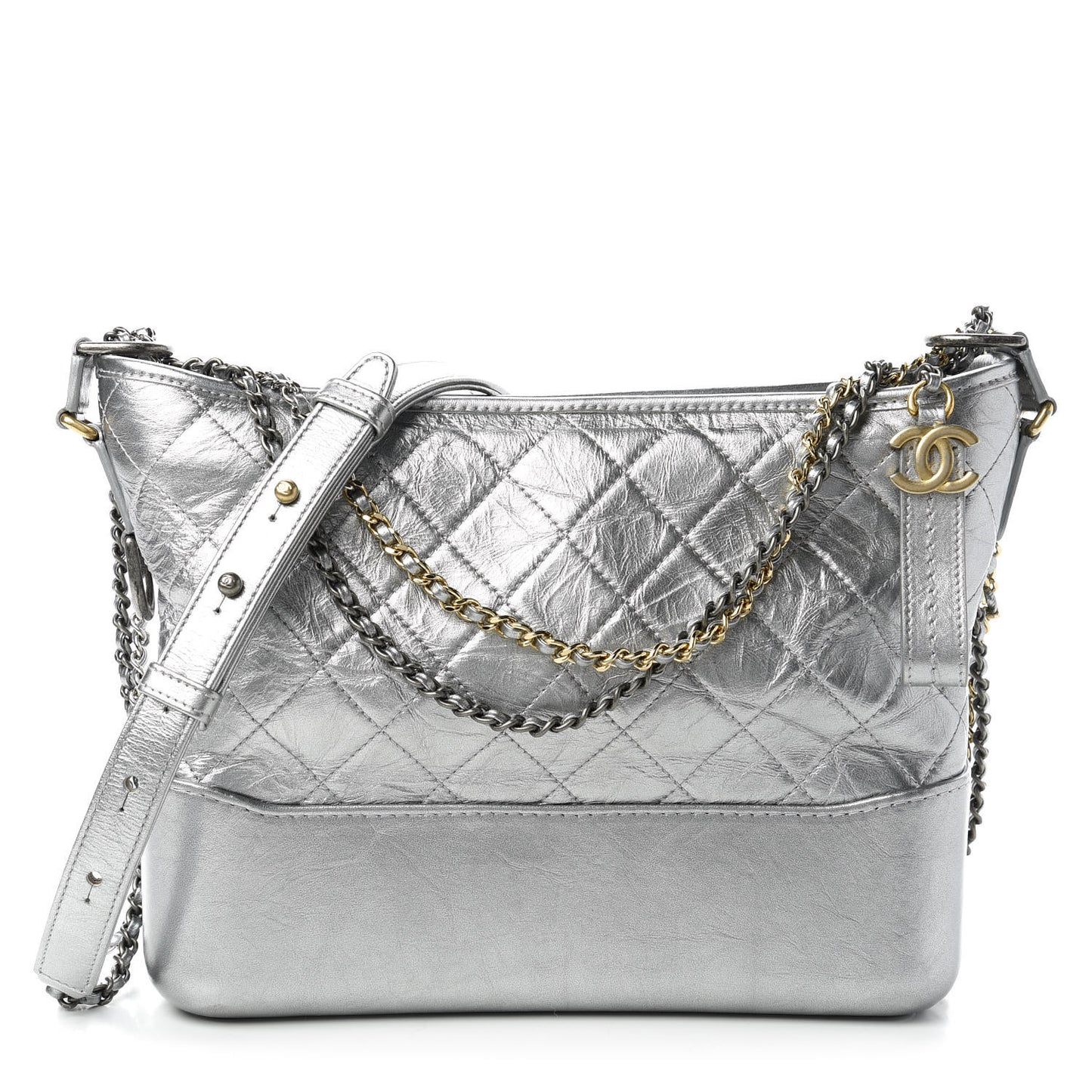 Metallic Aged Calfskin Quilted Medium Gabrielle Silver