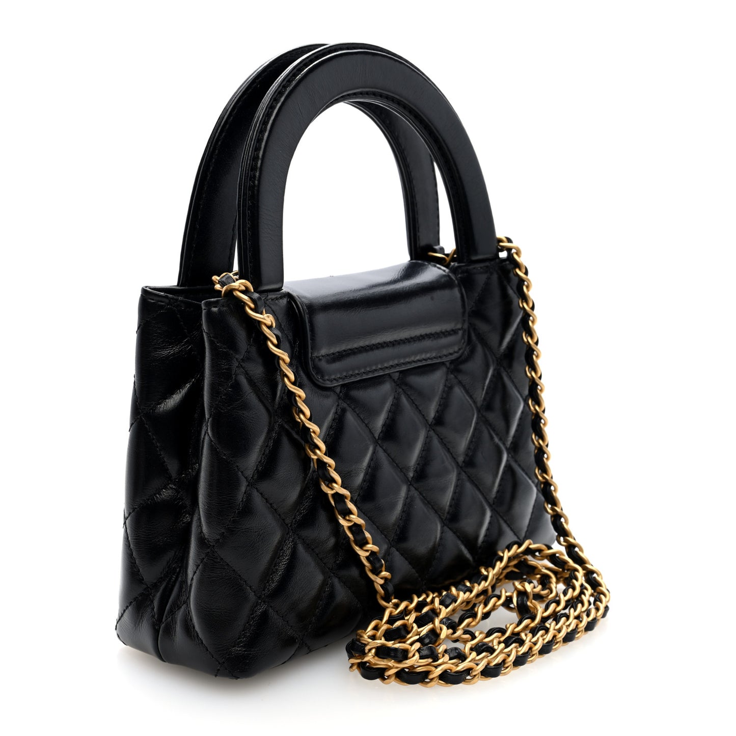 Shiny Aged Calfskin Quilted Nano Kelly Shopper Black
