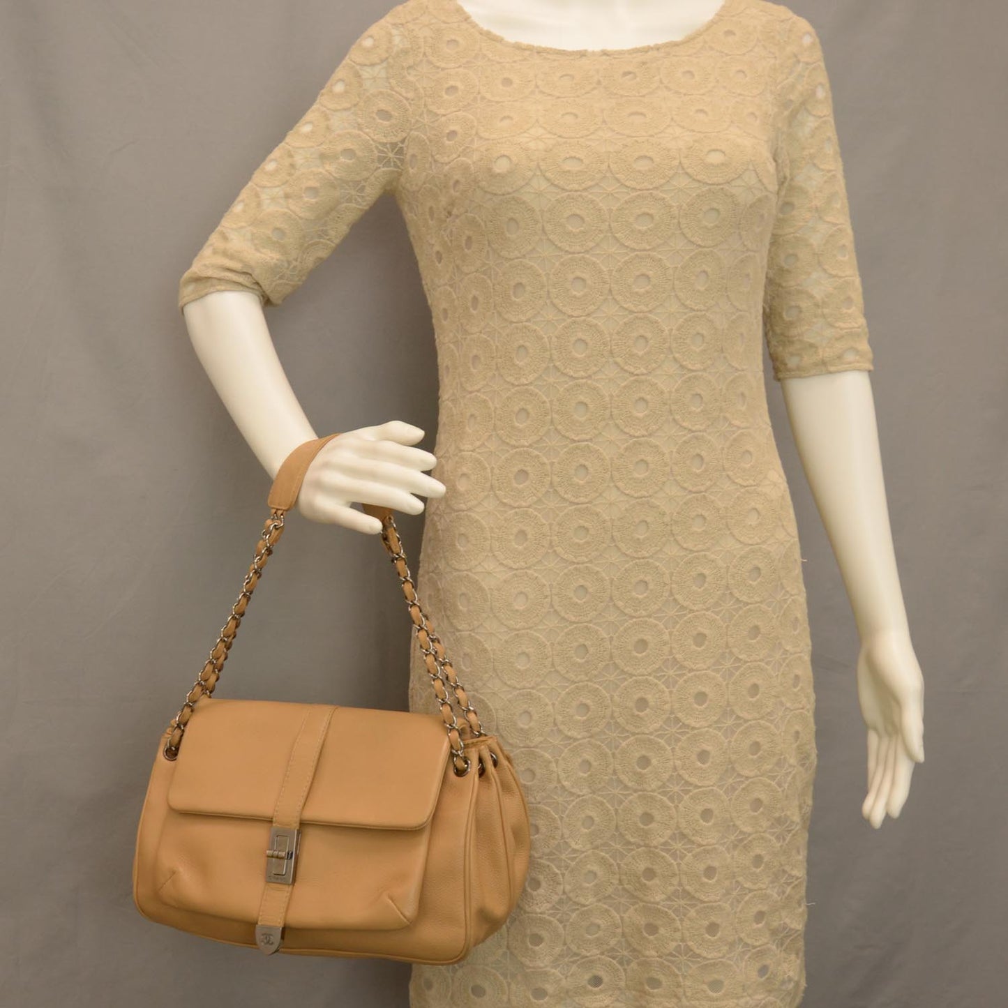 Caviar Mademoiselle Lock Accordion Flap Beige