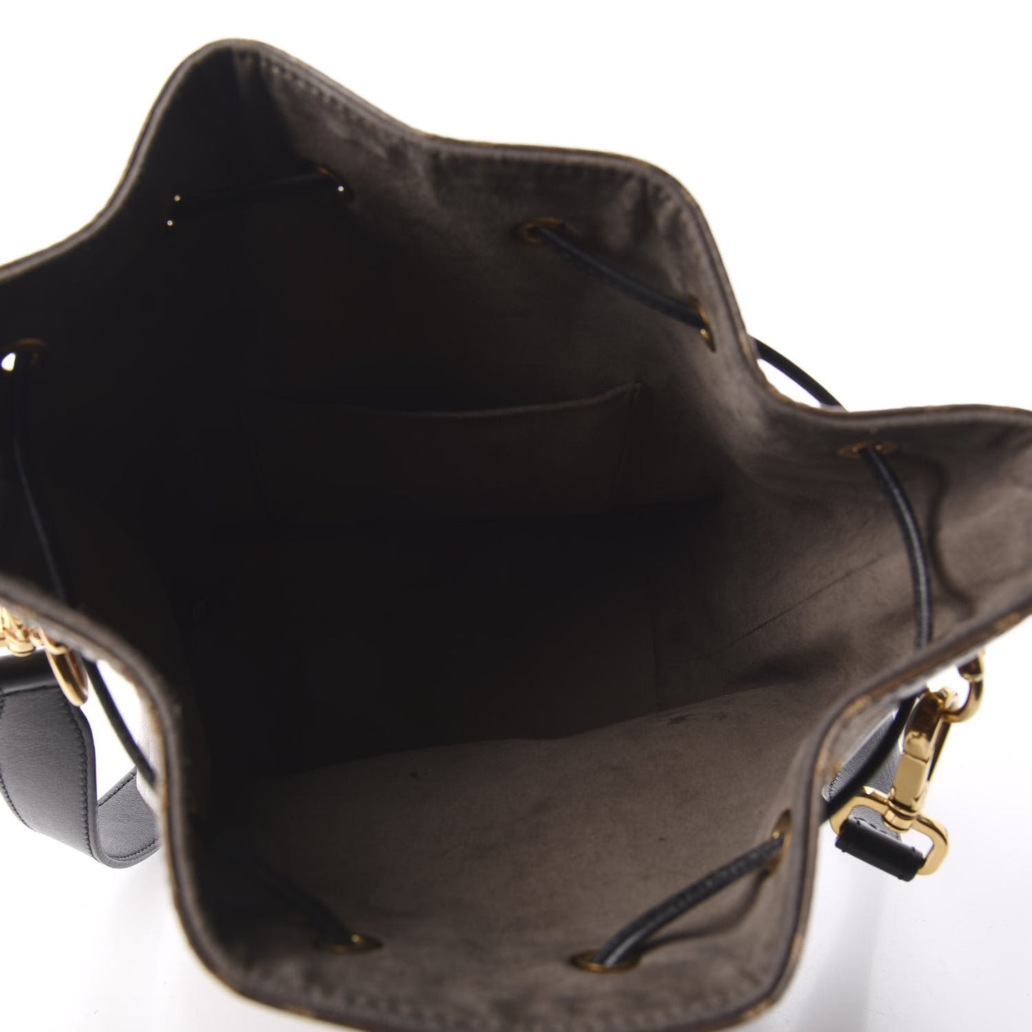 Glazed Fabric Vitello Grace F is Fendi FF 1974 Stamp Patch Grande Mon Tresor Bucket Bag Mogano Panna Black