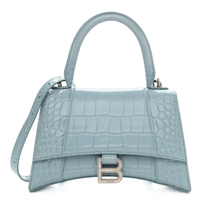 Balenciaga Shiny Calfskin Crocodile Embossed Small Hourglass Top Handle Bag Blue Grey 1 of 11
