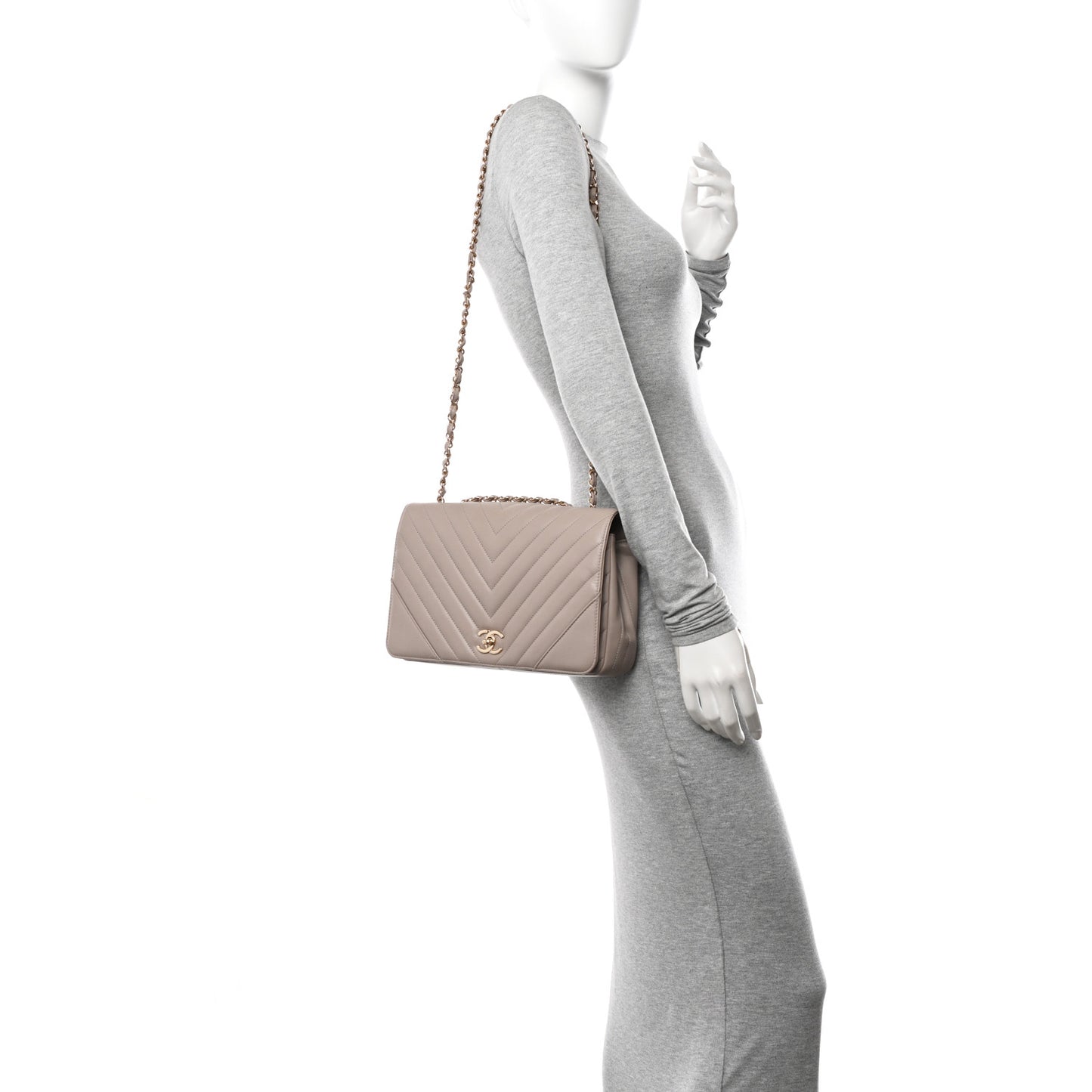 Calfskin Chevron Quilted Large Statement Flap Beige
