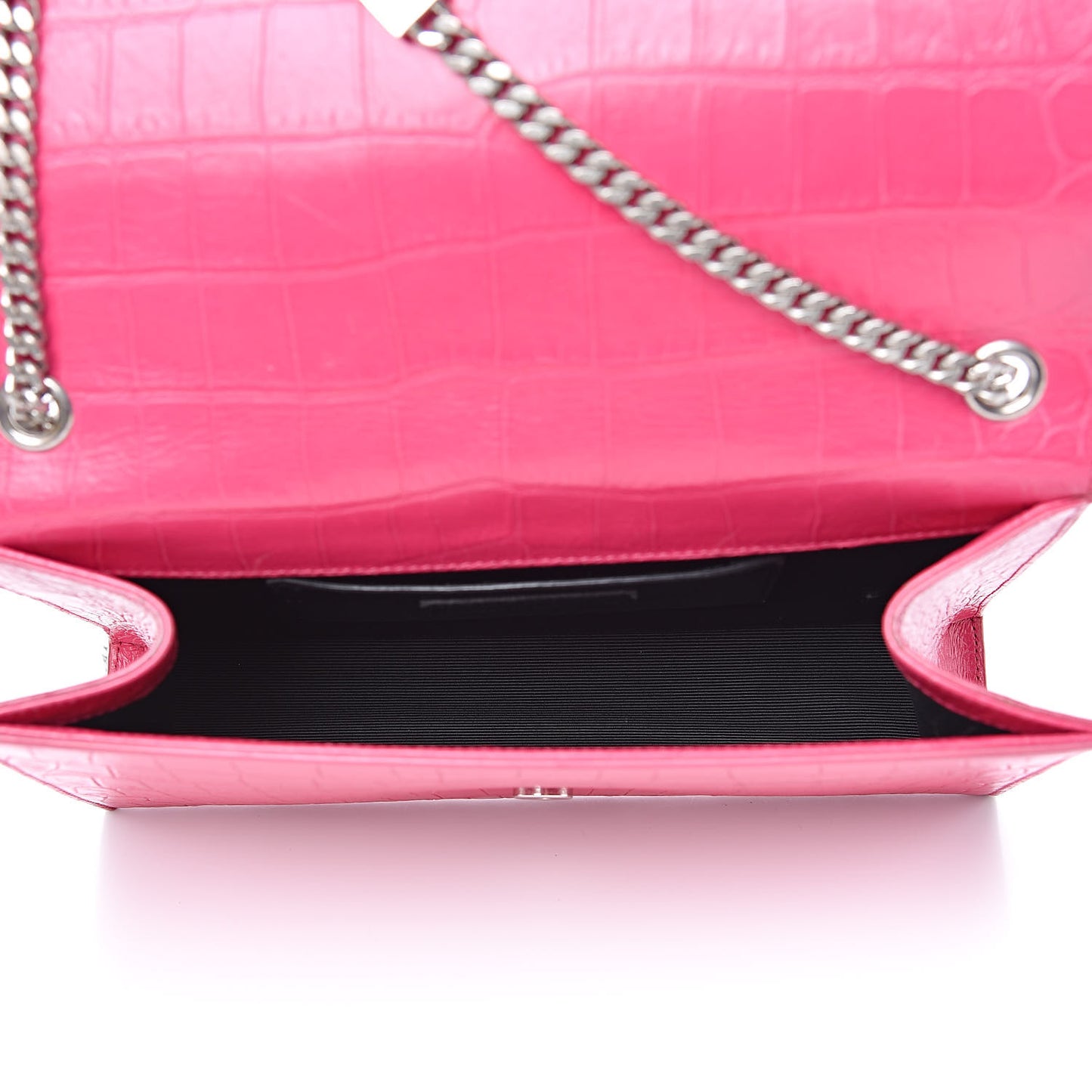 Calfskin Crocodile Embossed Medium Classic Monogram Kate Tassel Satchel Fuchsia
