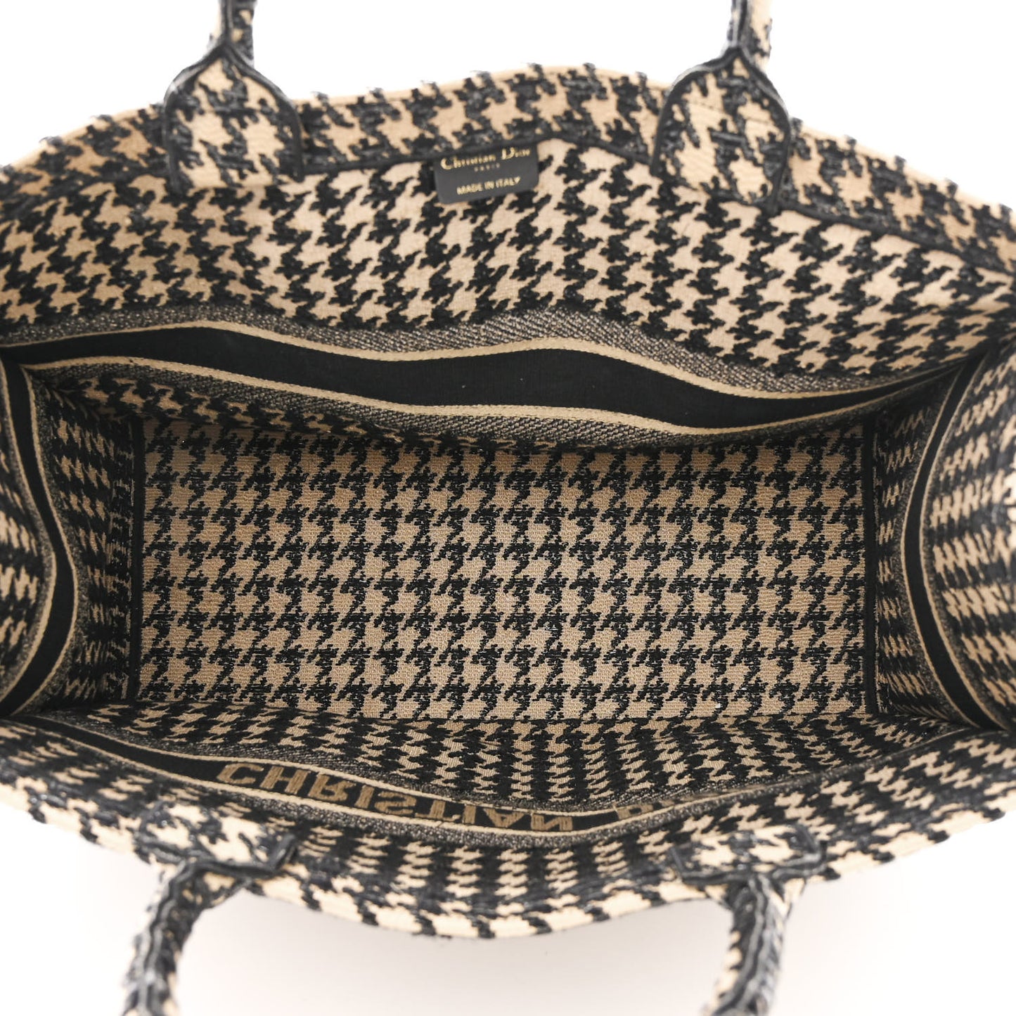 Canvas Houndstooth Embroidered Book Tote Beige Black