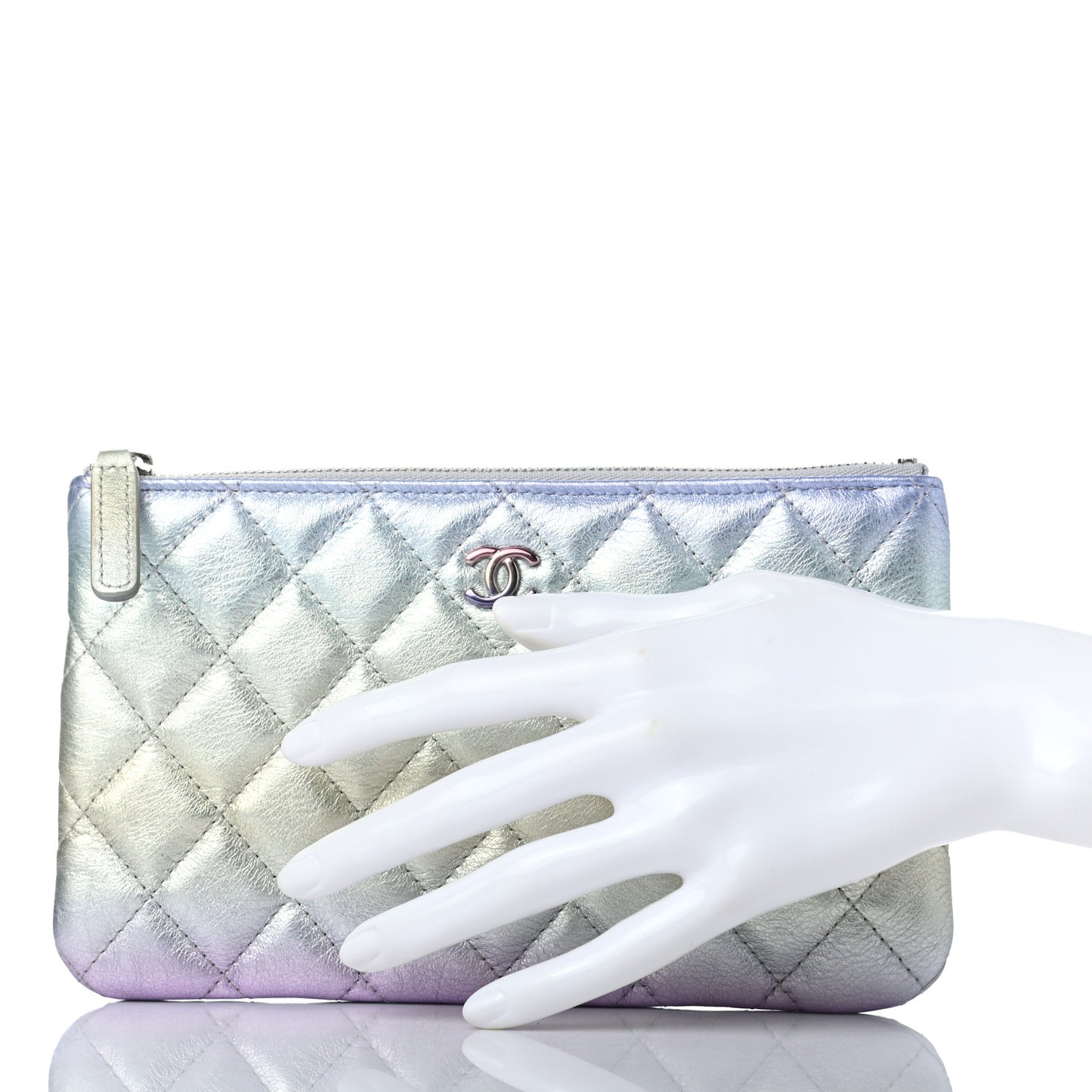 Gradient Metallic Calfskin Quilted Cosmetic Case Silver Blue Yellow Purple