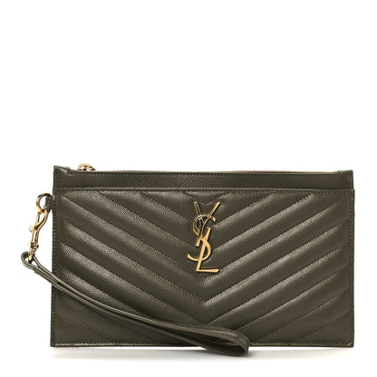 Saint Laurent Grain De Poudre Chevron Monogram Bill Pouch Vert Kaki 2 of 18
