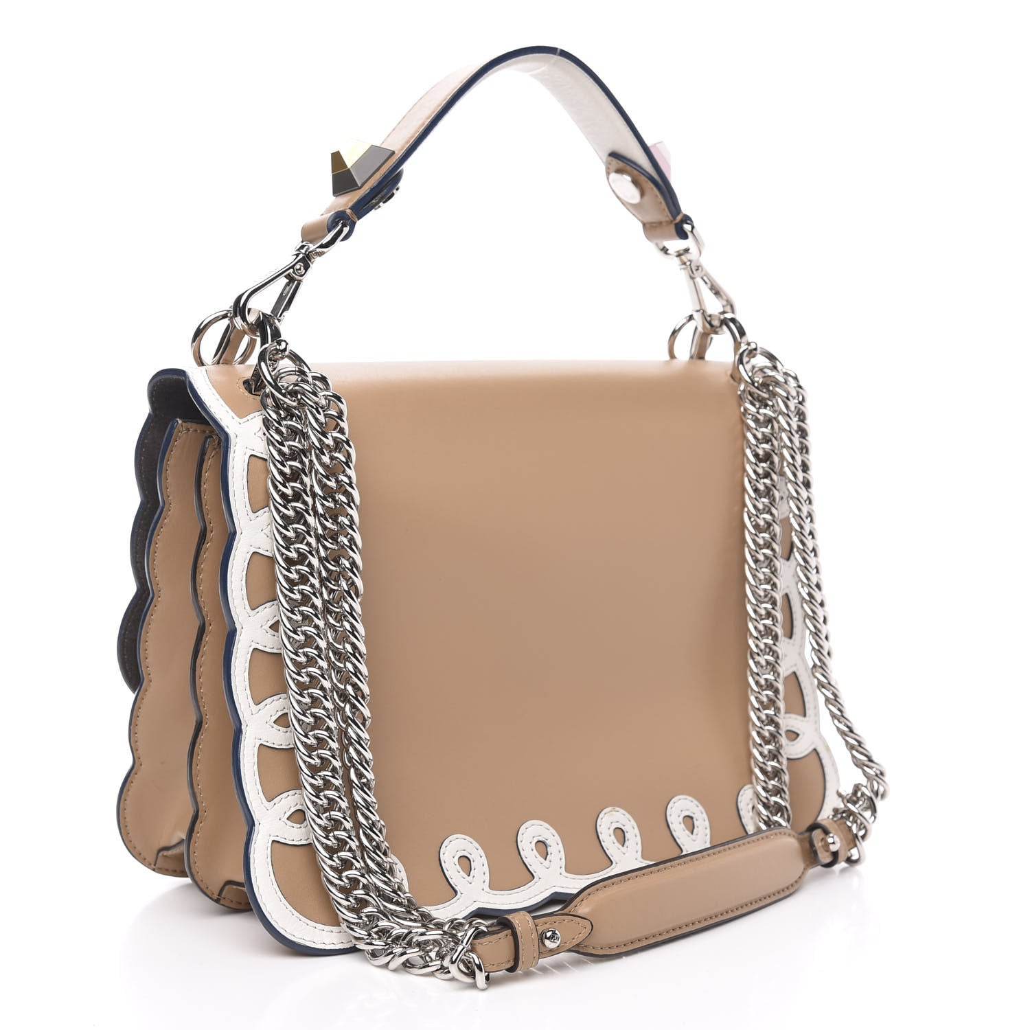 Fendi Vitello Liberty Dolce Scalloped Studded Scrollwork Kan I Shoulder Bag Cuoio White 3 of 9