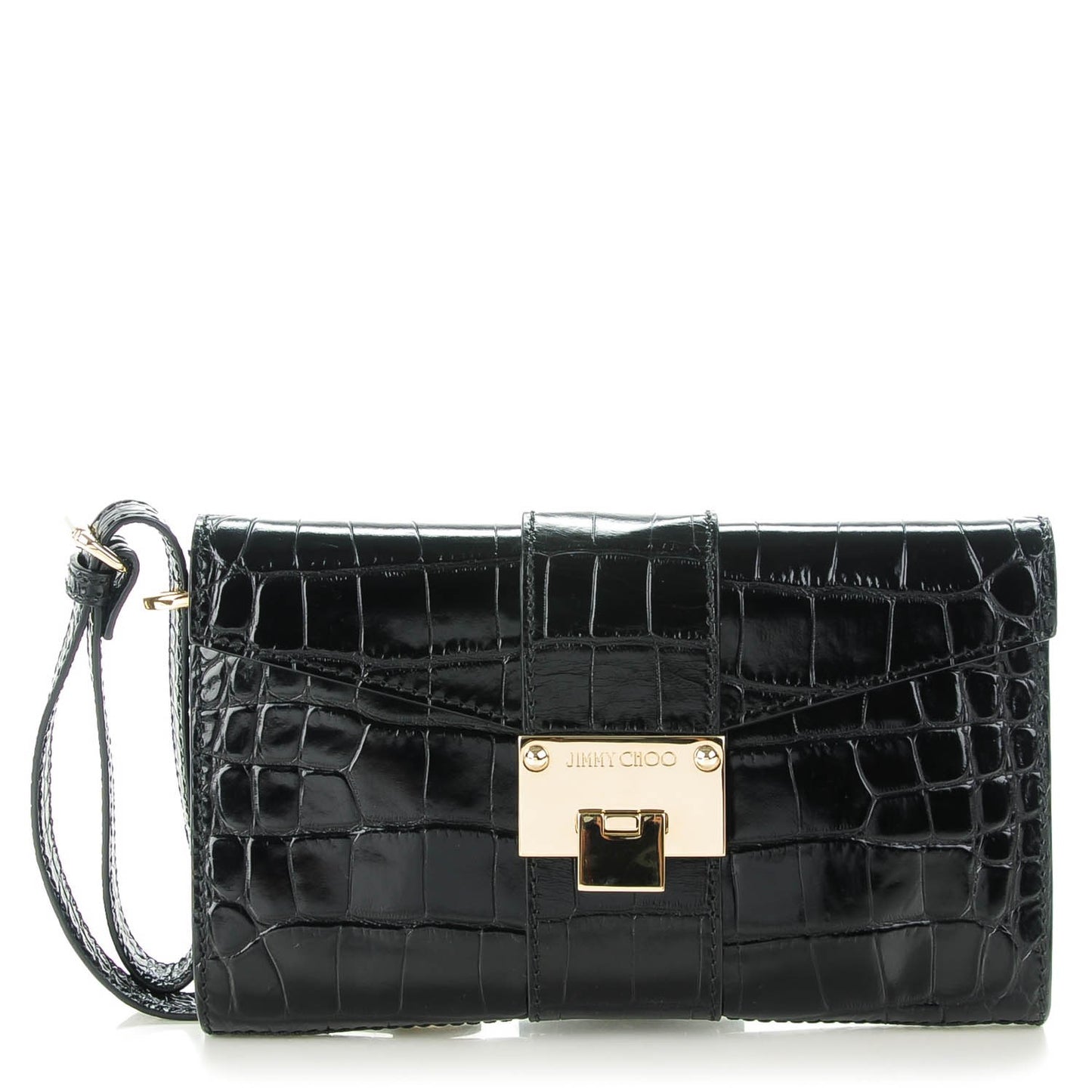 Patent Calfskin Crocodile Effect Rivera Clutch Black