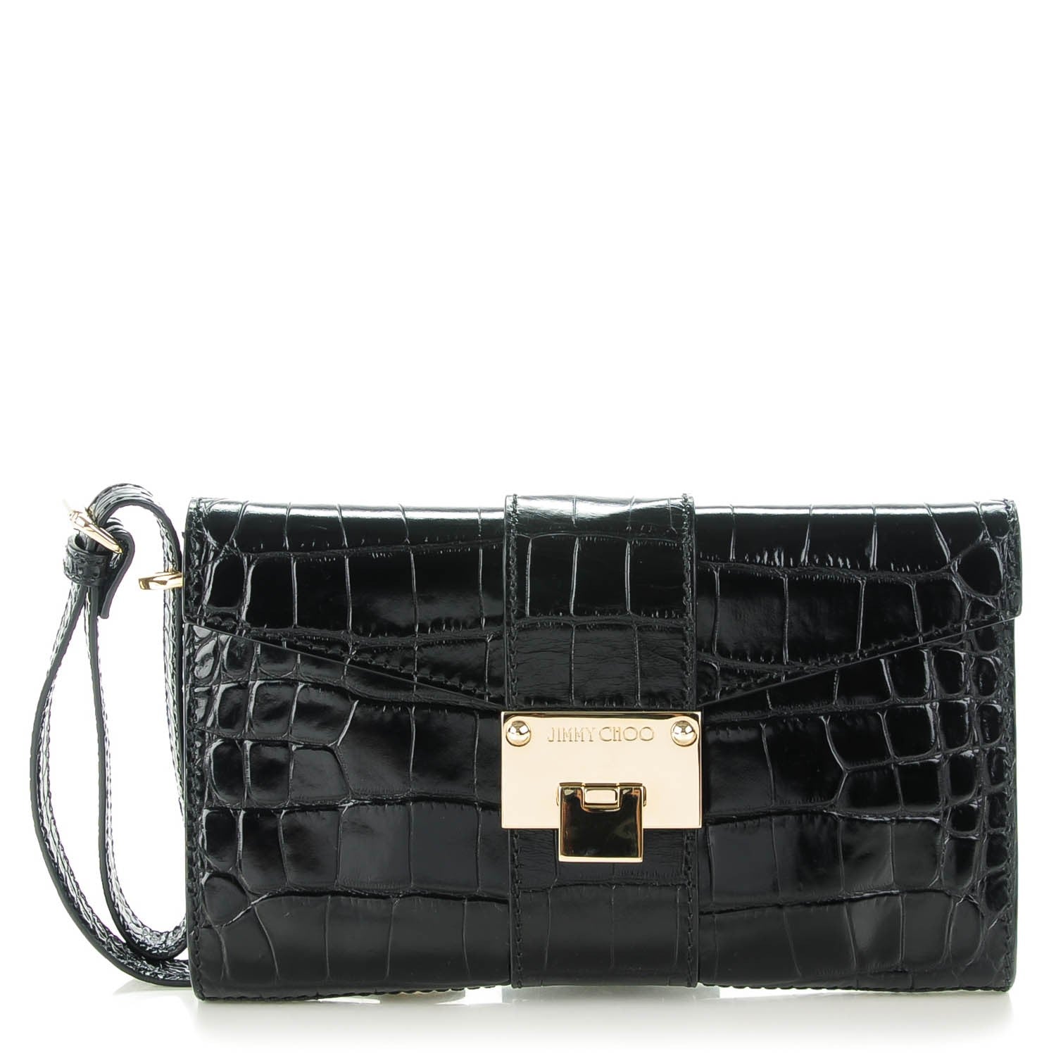 Jimmy Choo Patent Calfskin Crocodile Effect Rivera Clutch Black 1 of 8