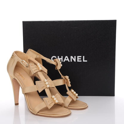Chanel Grosgrain Pearl Bow Sandals 39.5 Beige 9 of 9