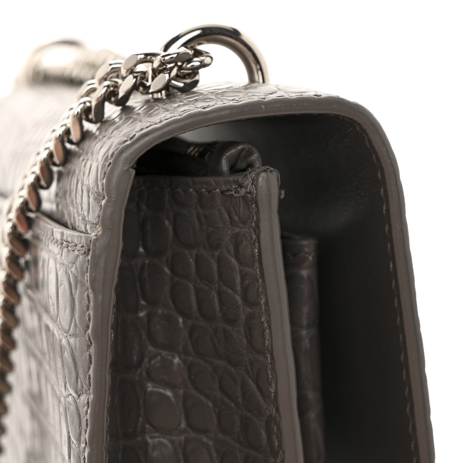 Saint Laurent Calfskin Crocodile Embossed Monogram Sunset Chain Wallet Fog 12 of 14