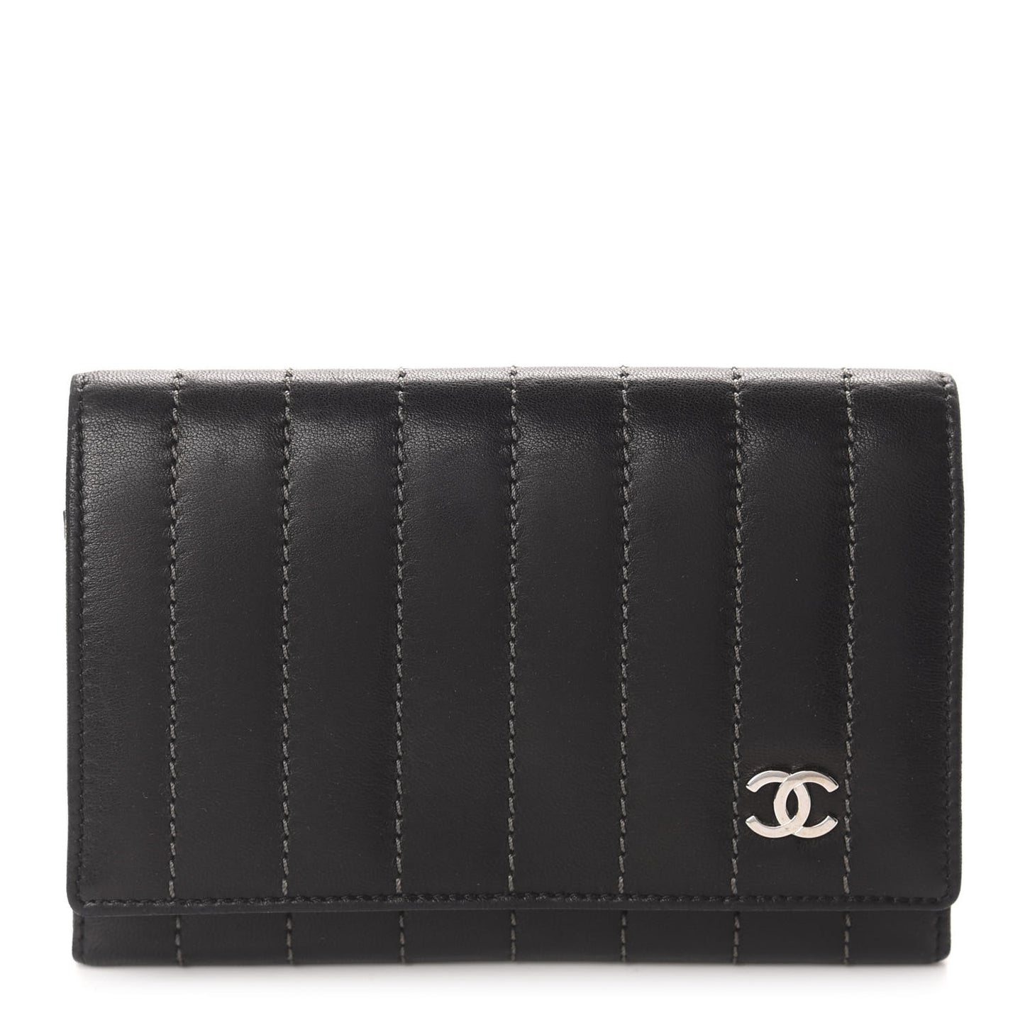 Lambskin Vertical Quilted Mademoiselle Compact Wallet Black