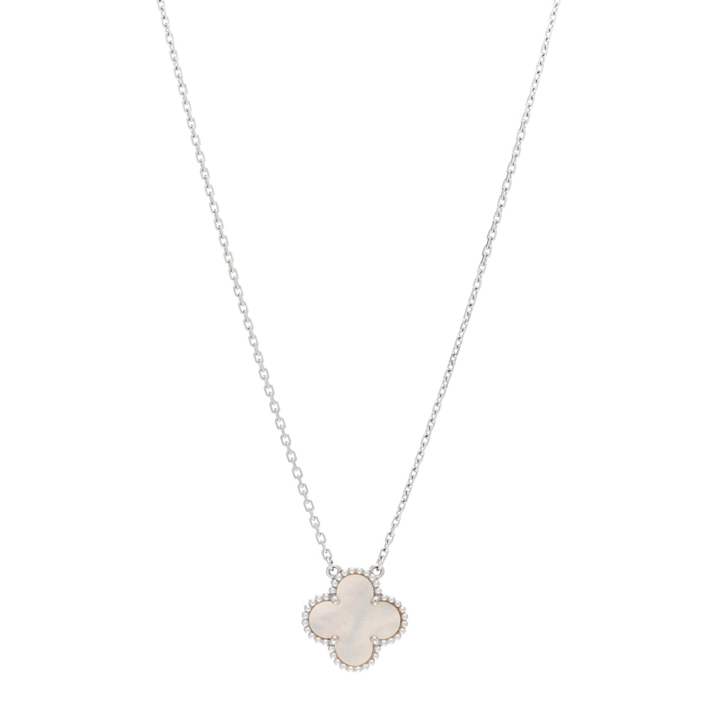 18K White Gold Mother Of Pearl Vintage Alhambra Pendant Necklace