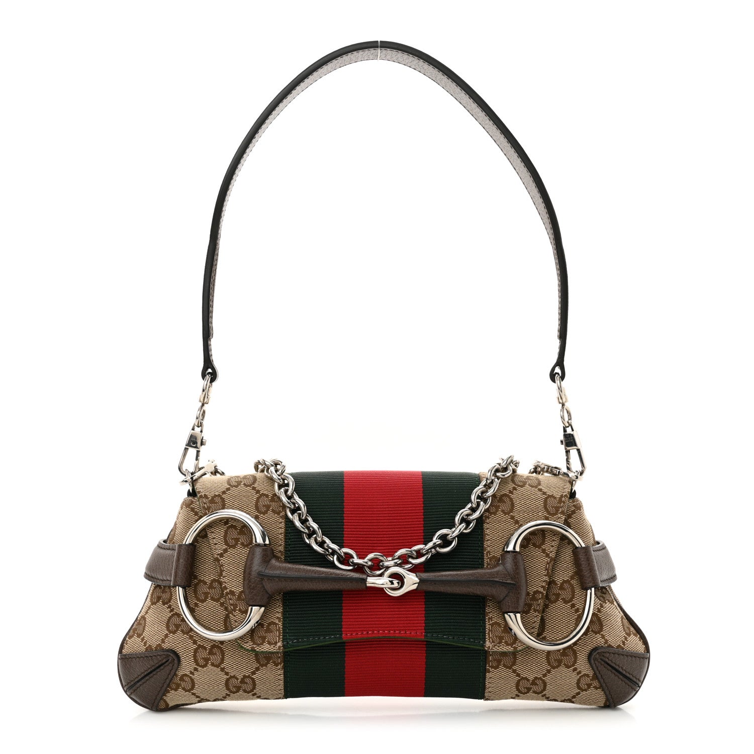 Gucci Monogram Textured Dollar Calfskin Heavy Grosgrain Web Small Maxi Horsebit Chain Shoulder Bag Beige Ebony New Acero 1 of 12