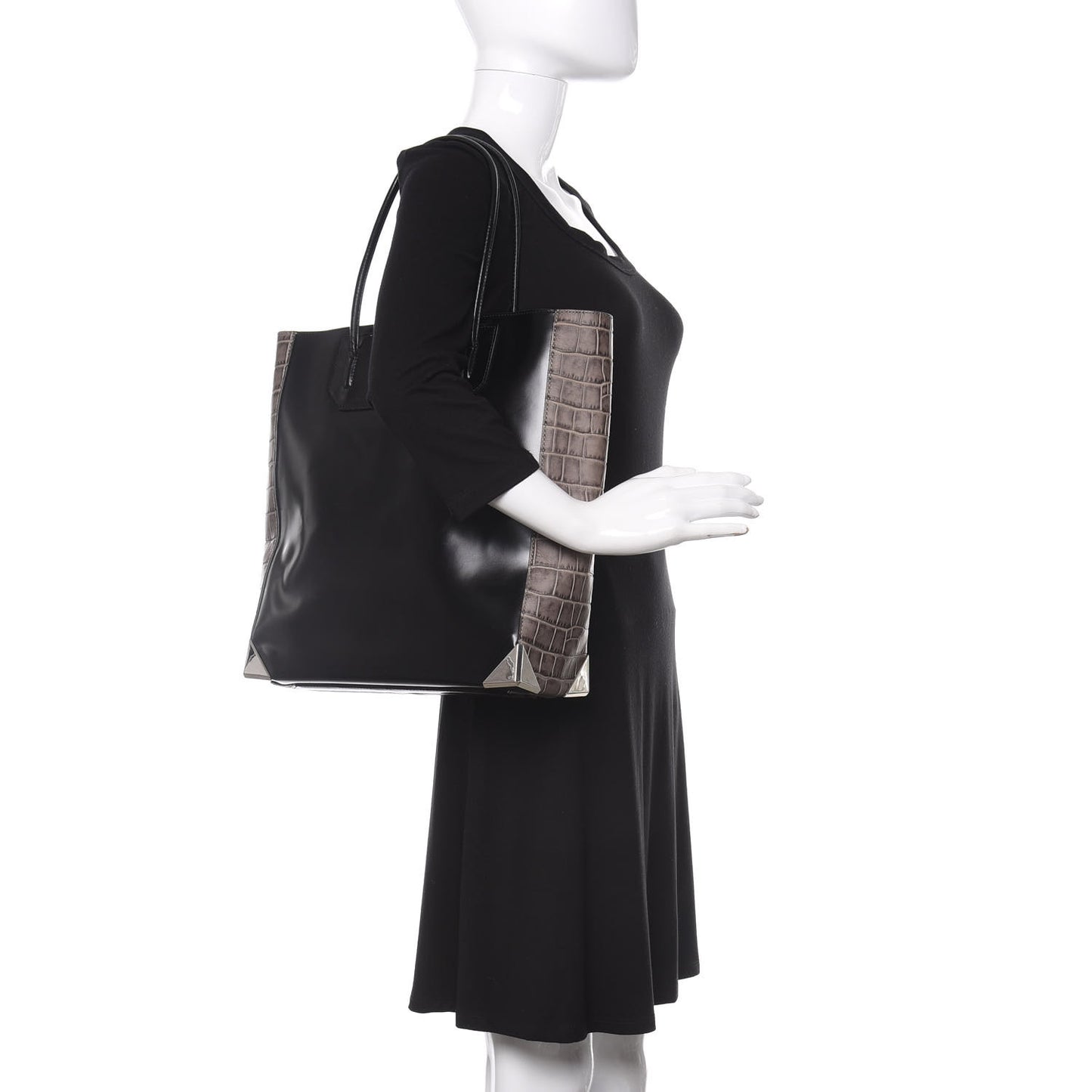 Calfskin Crocodile Embossed Prisma Skeletal Tote Black Silver Hardware