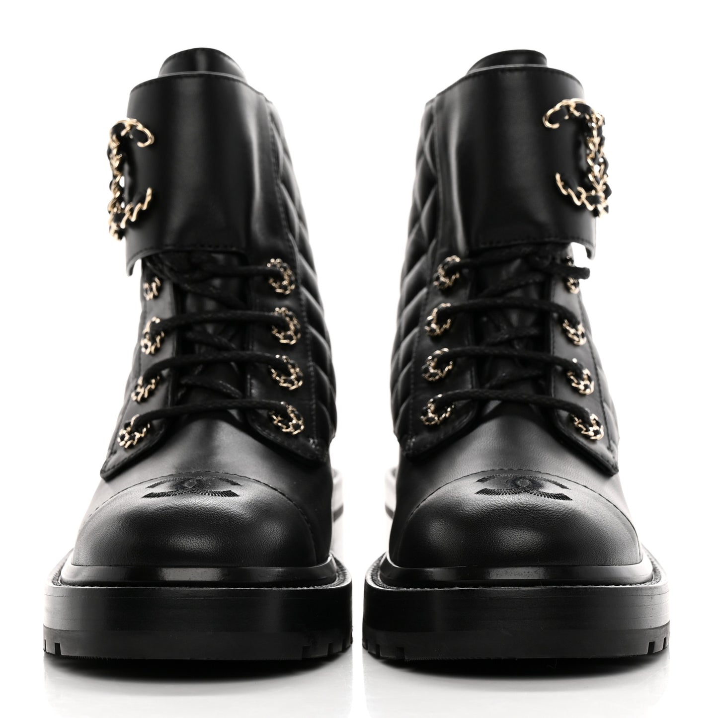 Shiny Goatskin Calfskin Quilted Lace Up Combat Boots 37.5 Black