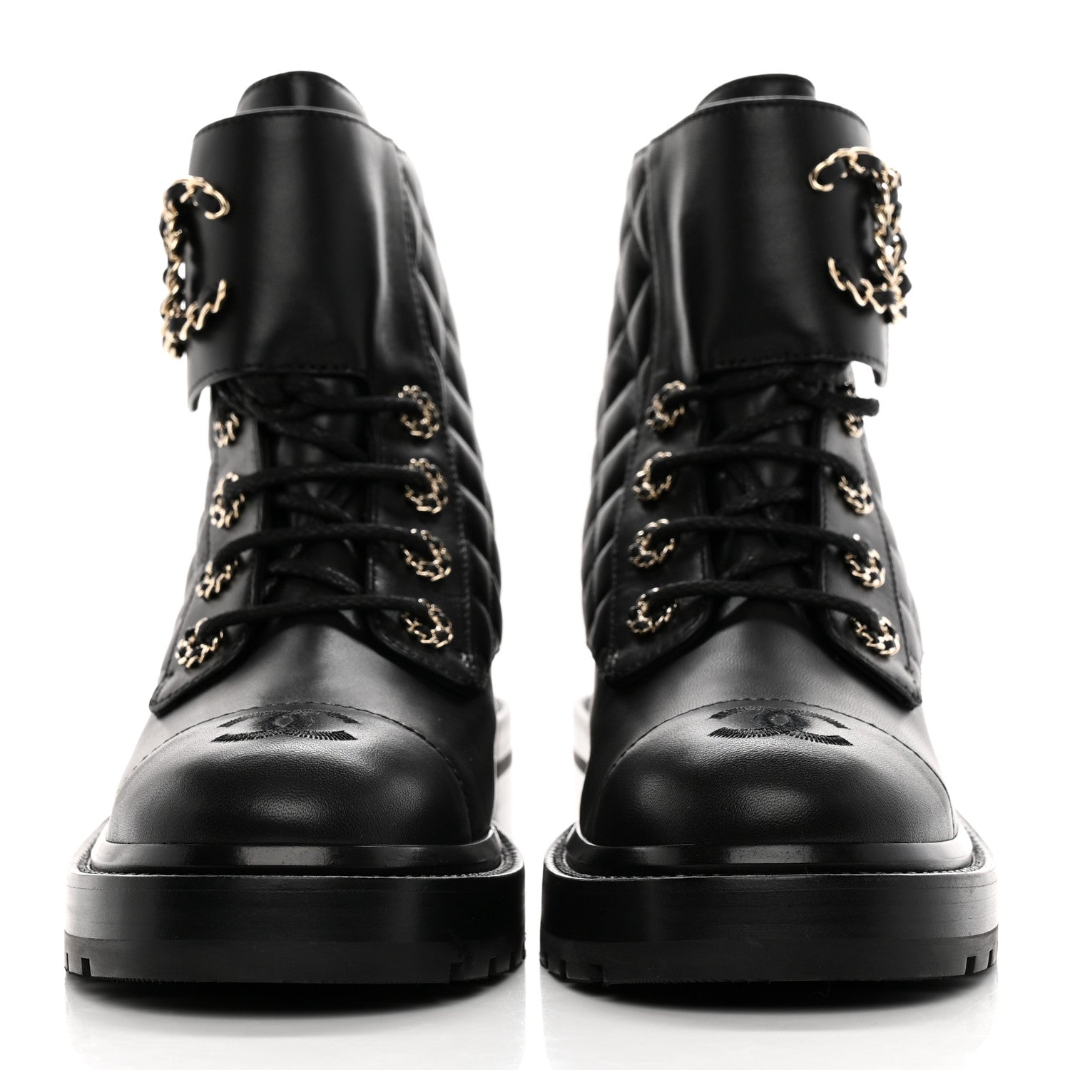Chanel Shiny Goatskin Calfskin Quilted Lace Up Combat Boots 37.5 Black 2 of 13