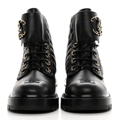 Chanel Shiny Goatskin Calfskin Quilted Lace Up Combat Boots 37.5 Black 2 of 13