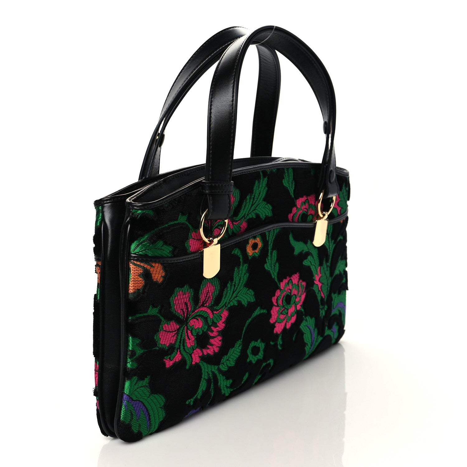 Gucci Velvet Jacquard Floral Embroidered Large Arli Top Handle Bag Black Green Multicolor 3 of 10