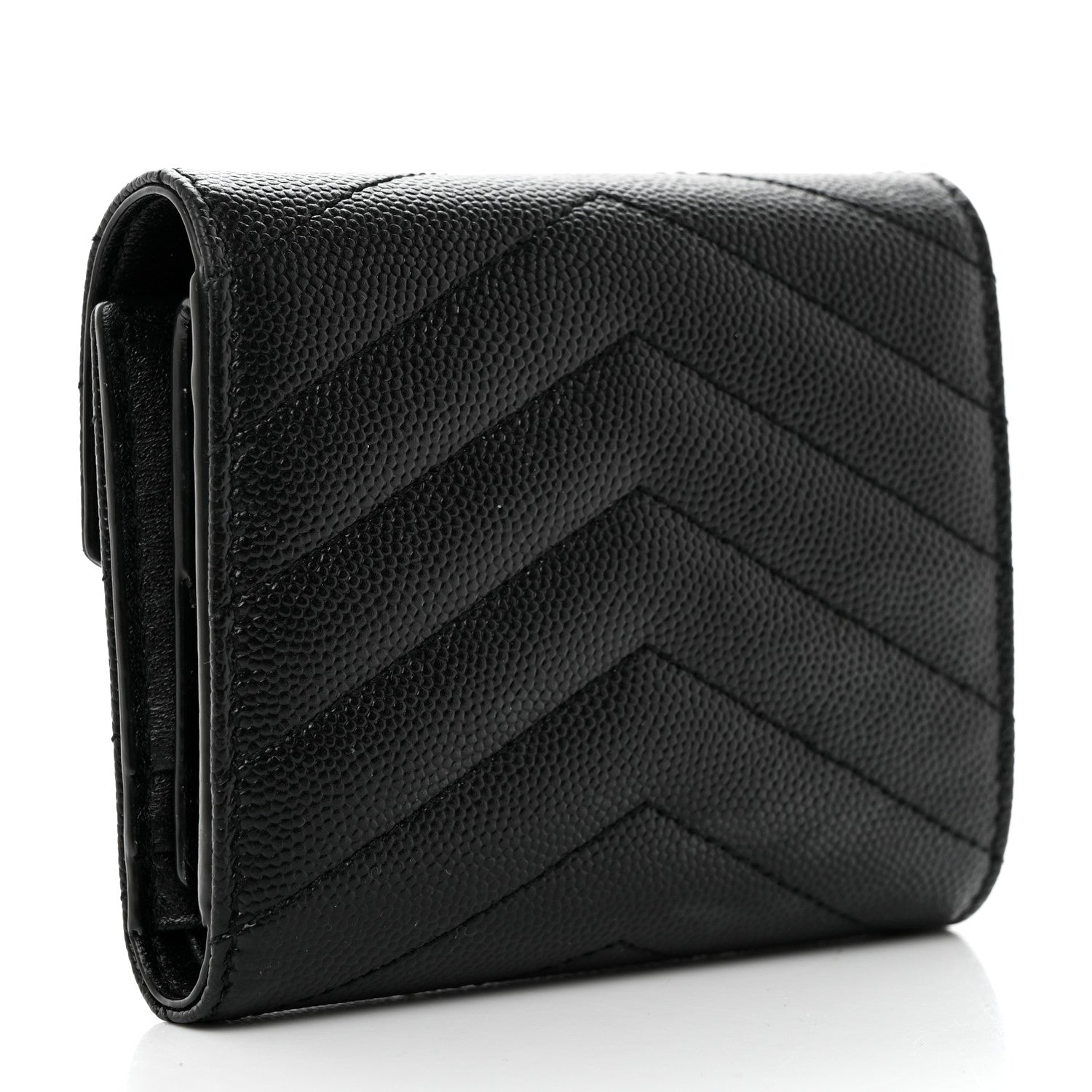 Saint Laurent Grain De Poudre Matelasse Chevron Monogram Compact Tri Fold Wallet Black 3 of 6