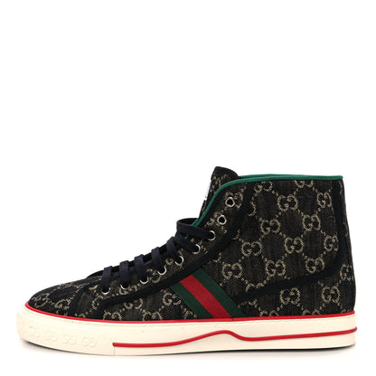 Gucci New Denim GG Monogram Web Mens 1977 Tennis High Top Sneakers 10 Black Ivory 1 of 10