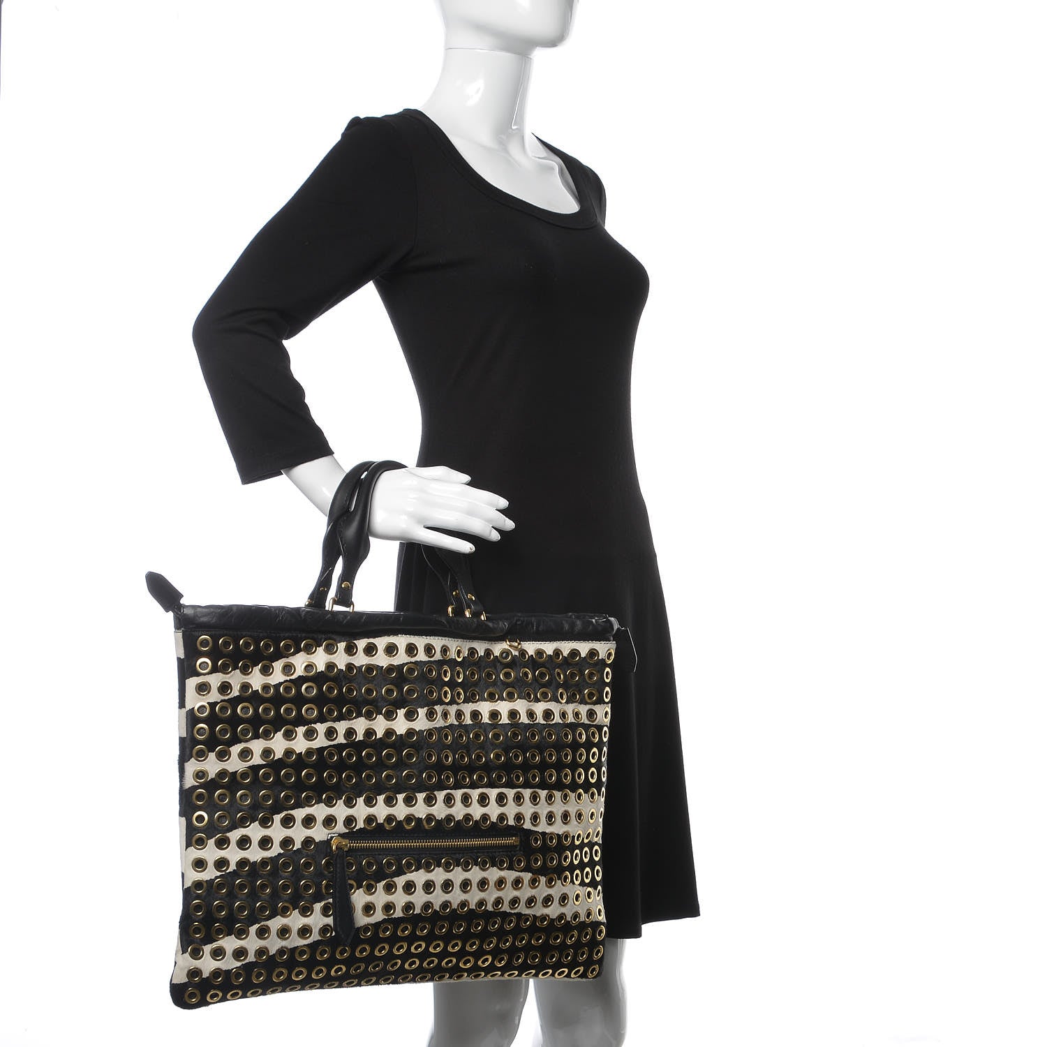 Burberry Calfskin Calf Hair Grommet Big Crush Tote Black White 3 of 10
