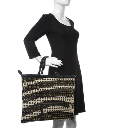 Burberry Calfskin Calf Hair Grommet Big Crush Tote Black White 3 of 10