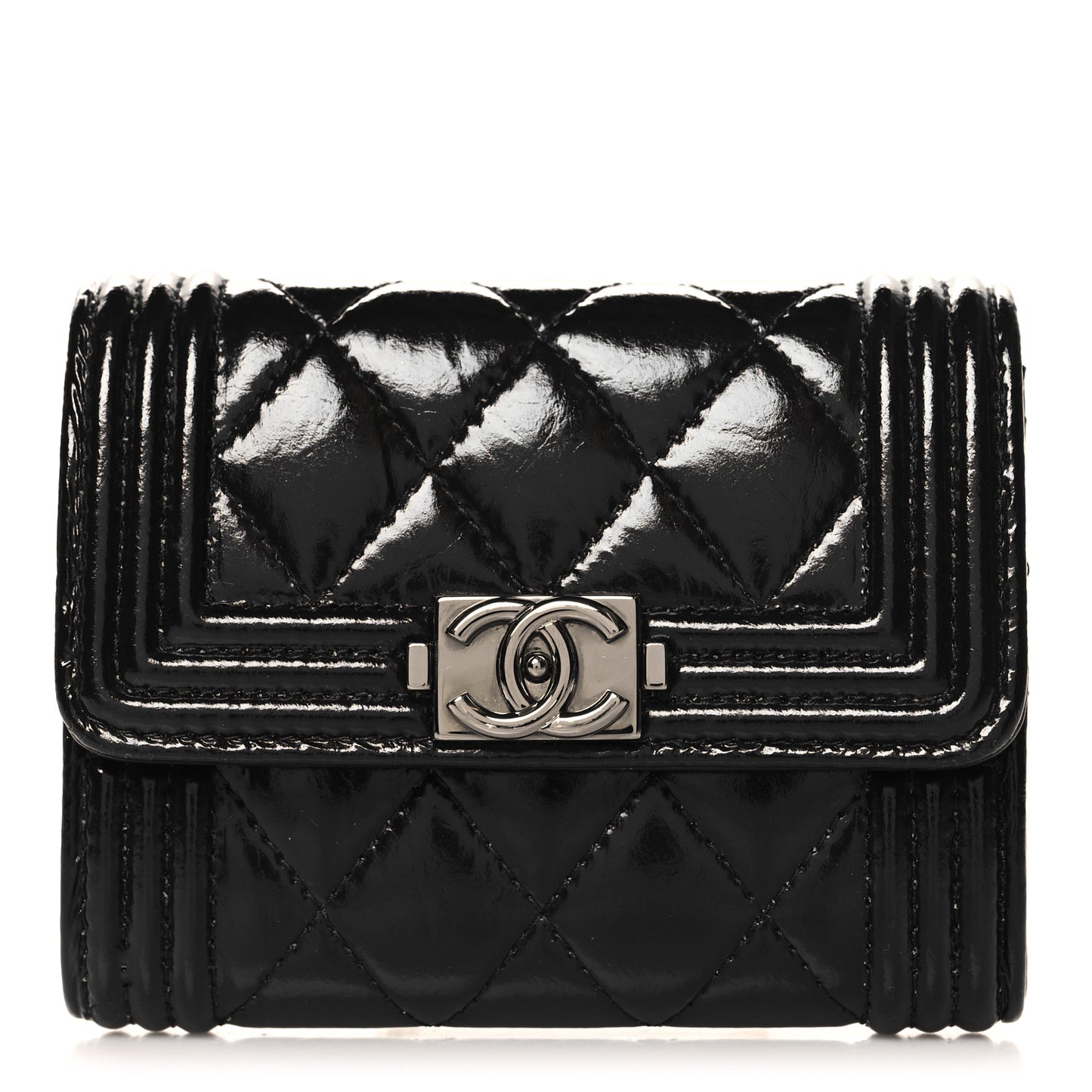 Distressed Patent Quilted Boy Flap Card Holder Wallet Black