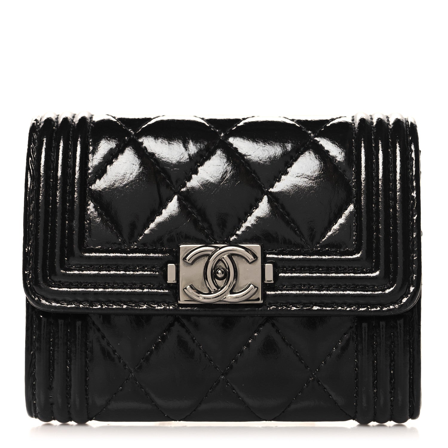 Chanel Distressed Patent Quilted Boy Flap Card Holder Wallet Black 1 of 8