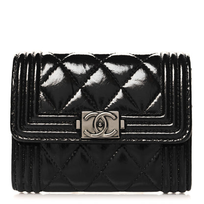 Chanel Distressed Patent Quilted Boy Flap Card Holder Wallet Black 1 of 8
