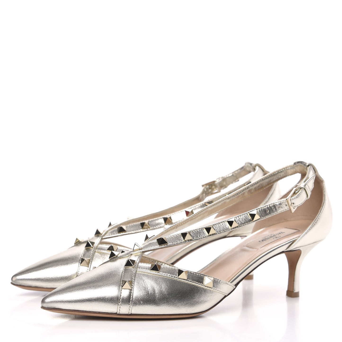 Metallic Nappa Rockstud Cross Strap D'Orsay 55mm Pumps 39.5 Platino