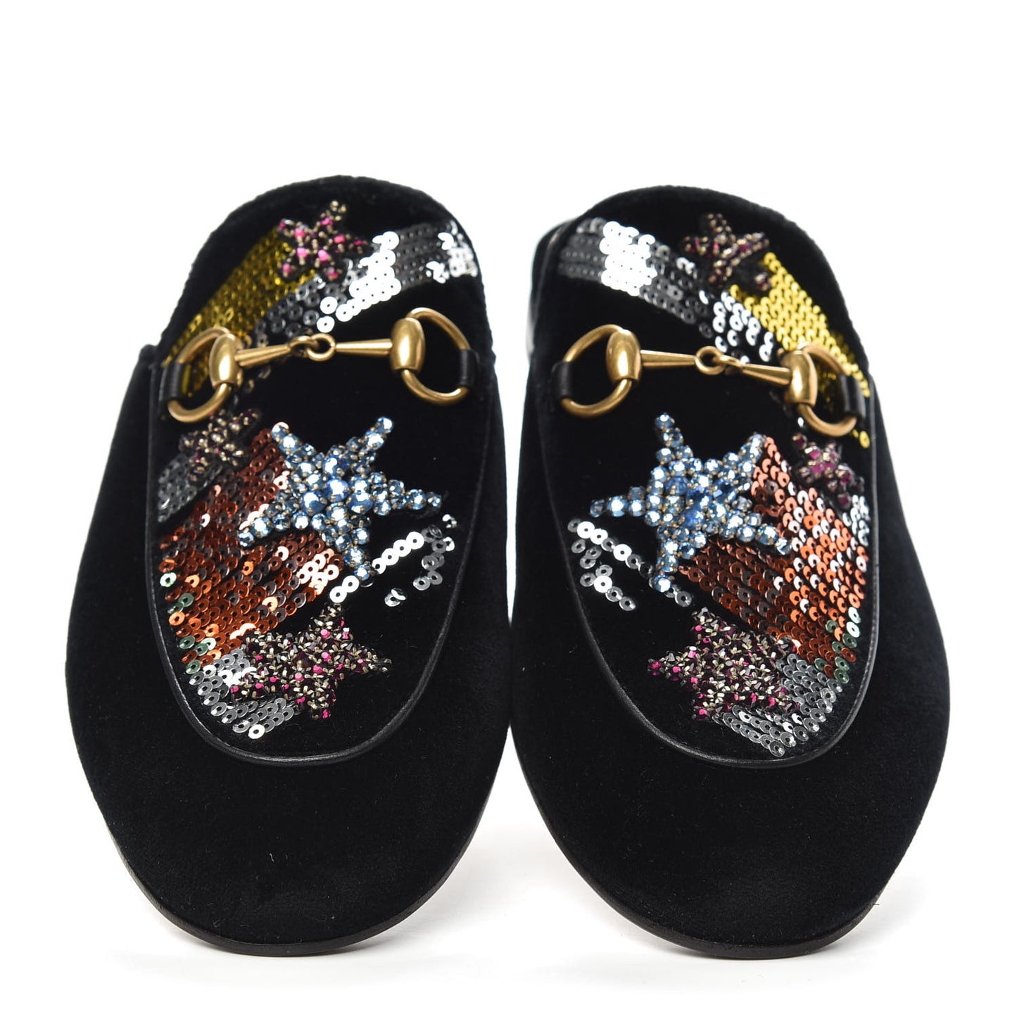Velvet Star Embroidered Womens Princetown Slippers 36 Black