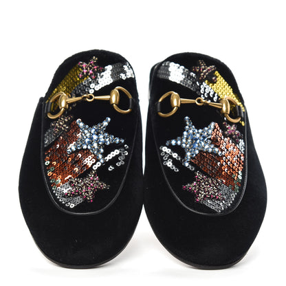Gucci Velvet Star Embroidered Womens Princetown Slippers 36 Black 3 of 10