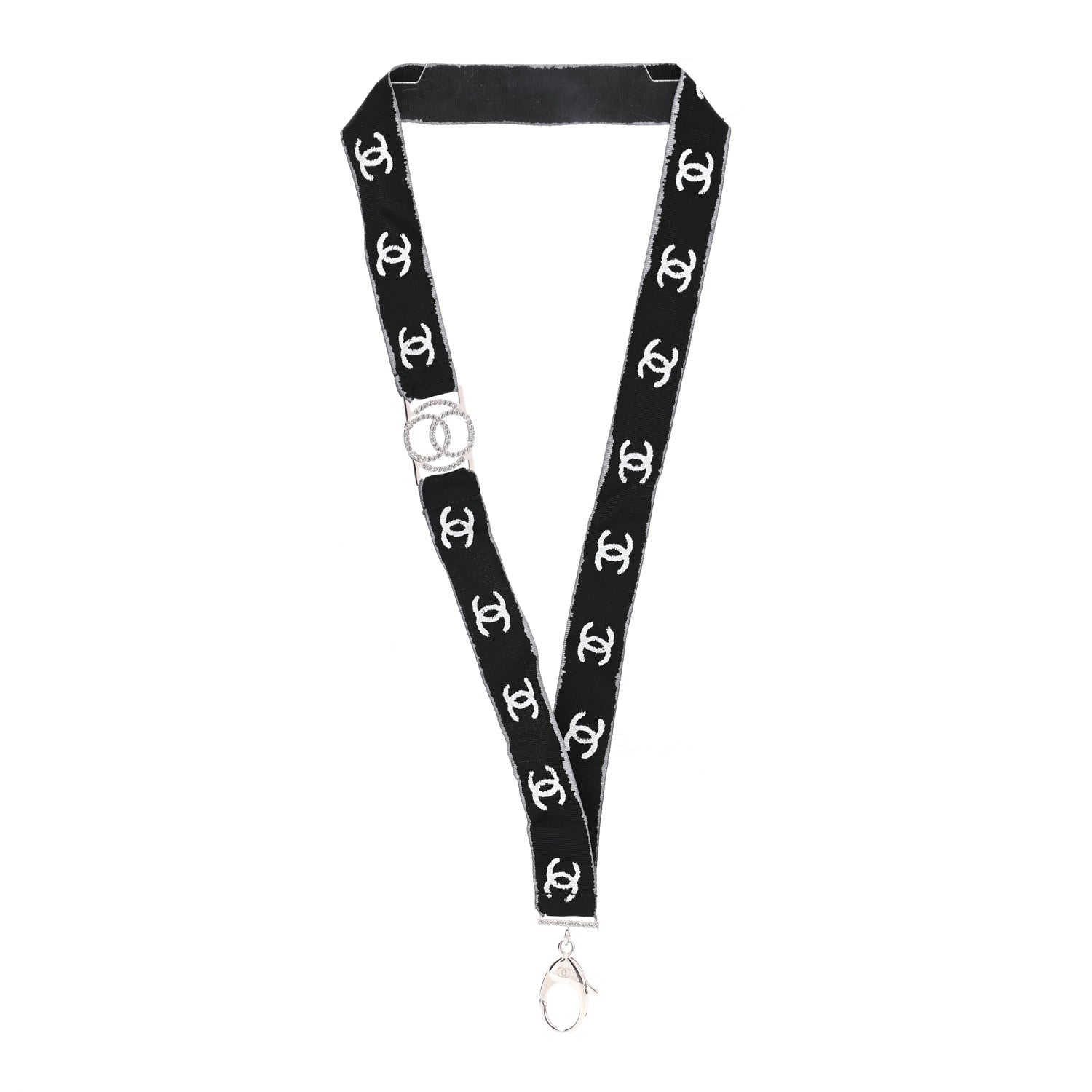 Chanel Crystal CC Lanyard Necklace Black Silver 3 of 6