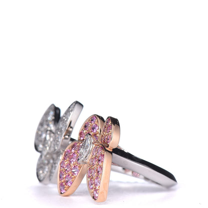 Van Cleef & Arpels 18K White Rose Gold Diamond Pink Sapphire Two Butterfly Between The Finger Ring 52 6 3 of 7