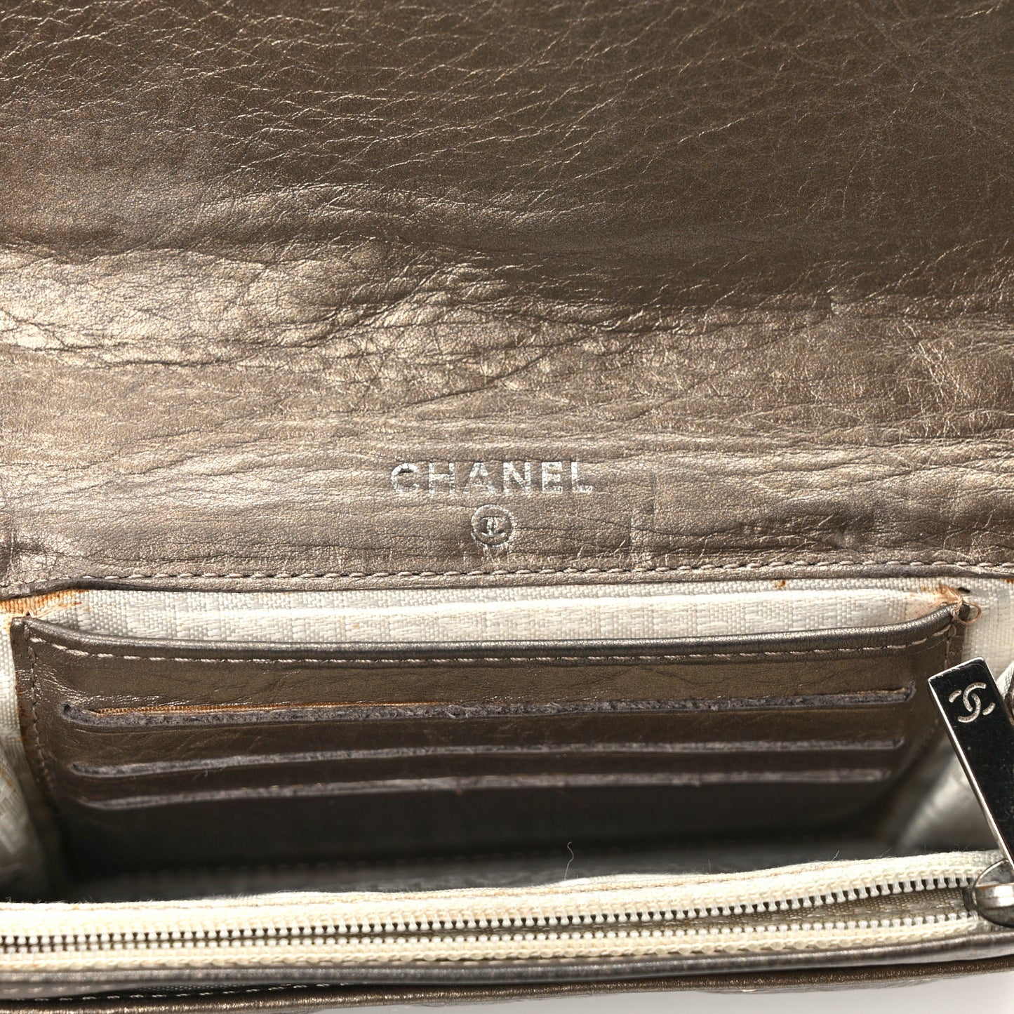 Distressed Calfskin Quilted Cambon Flap Wallet Bronze