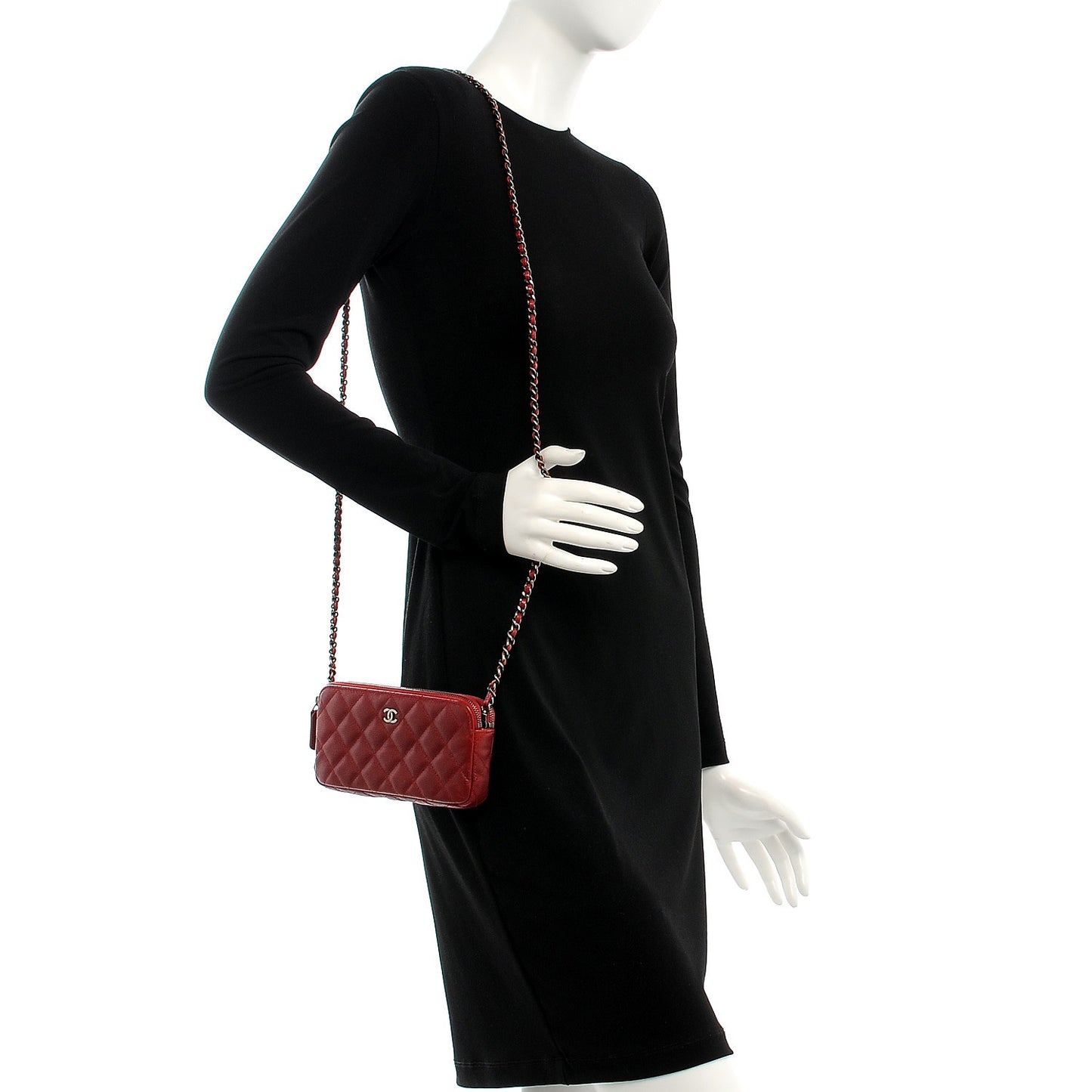 Caviar Quilted Small Clutch With Chain Red