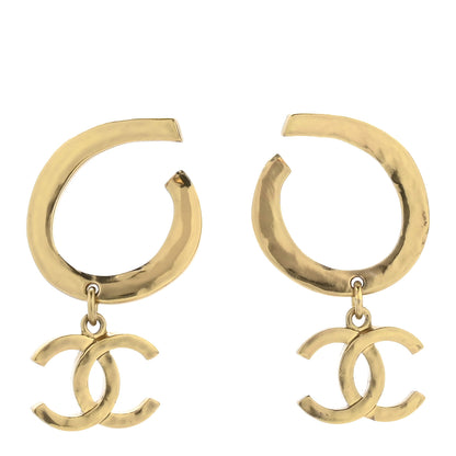 Chanel Metal Textured Hoop Drop CC Earrings Gold 1 of 4