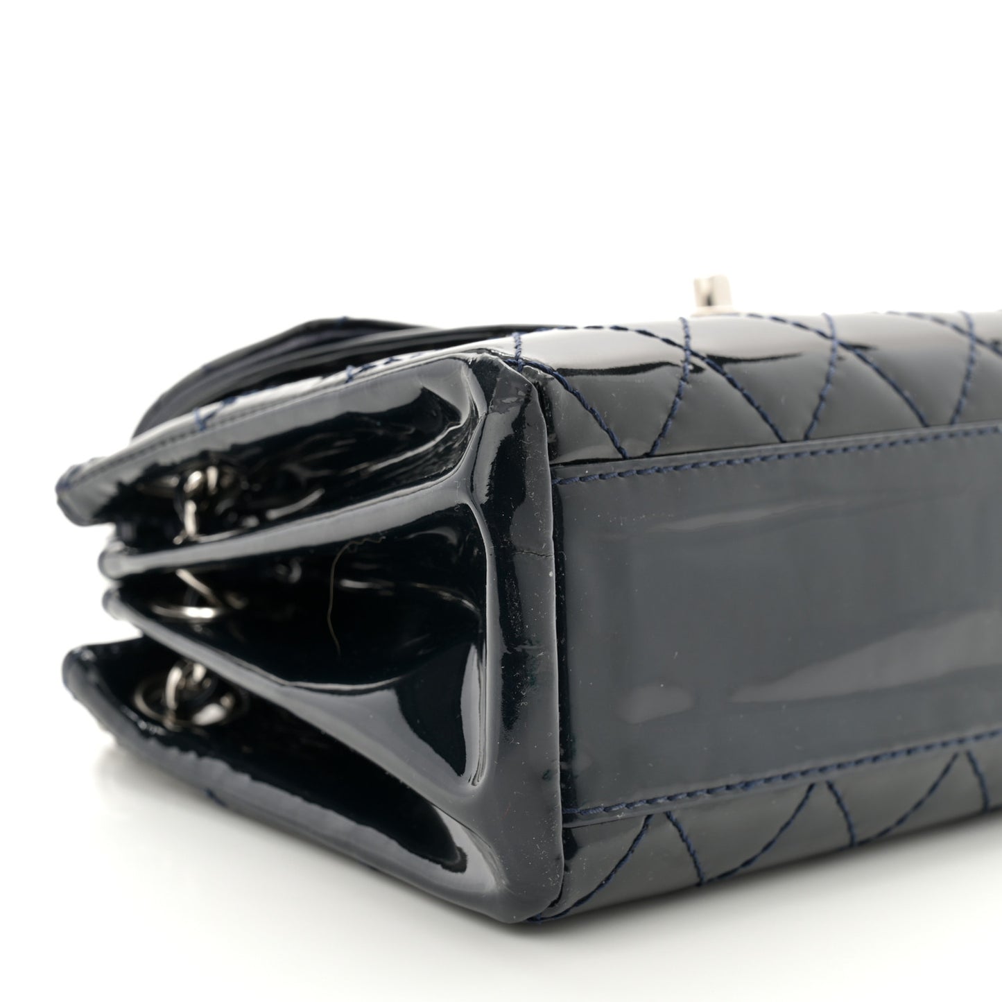 Patent Quilted Accordion Double Flap Navy Blue