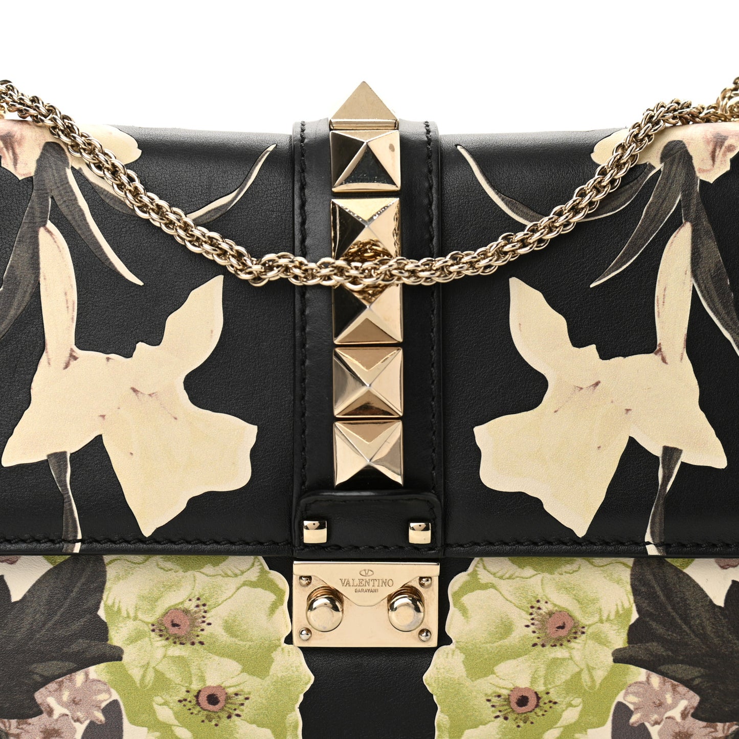Vitello Floral Medium Glam Lock Rockstud Flap Black Multicolor