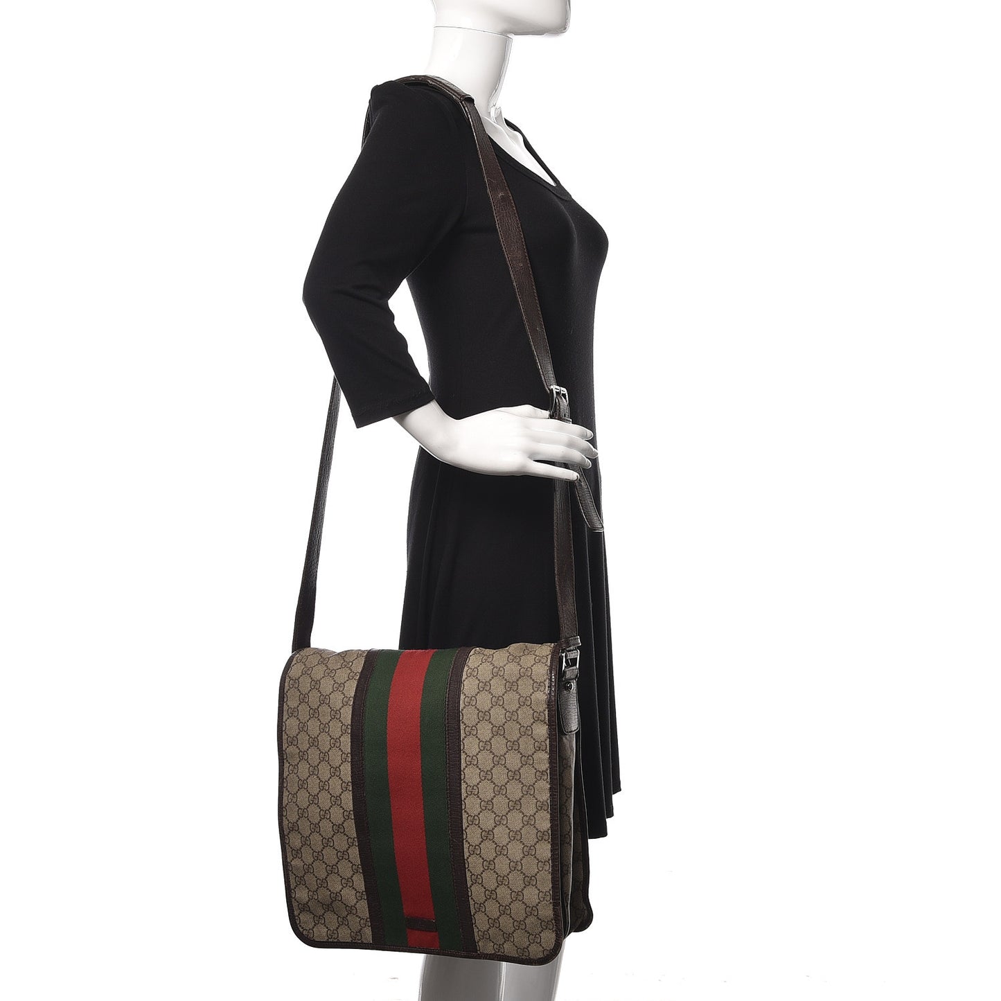 GG Plus Monogram Web Large Flap Messenger Bag Beige Dark Brown