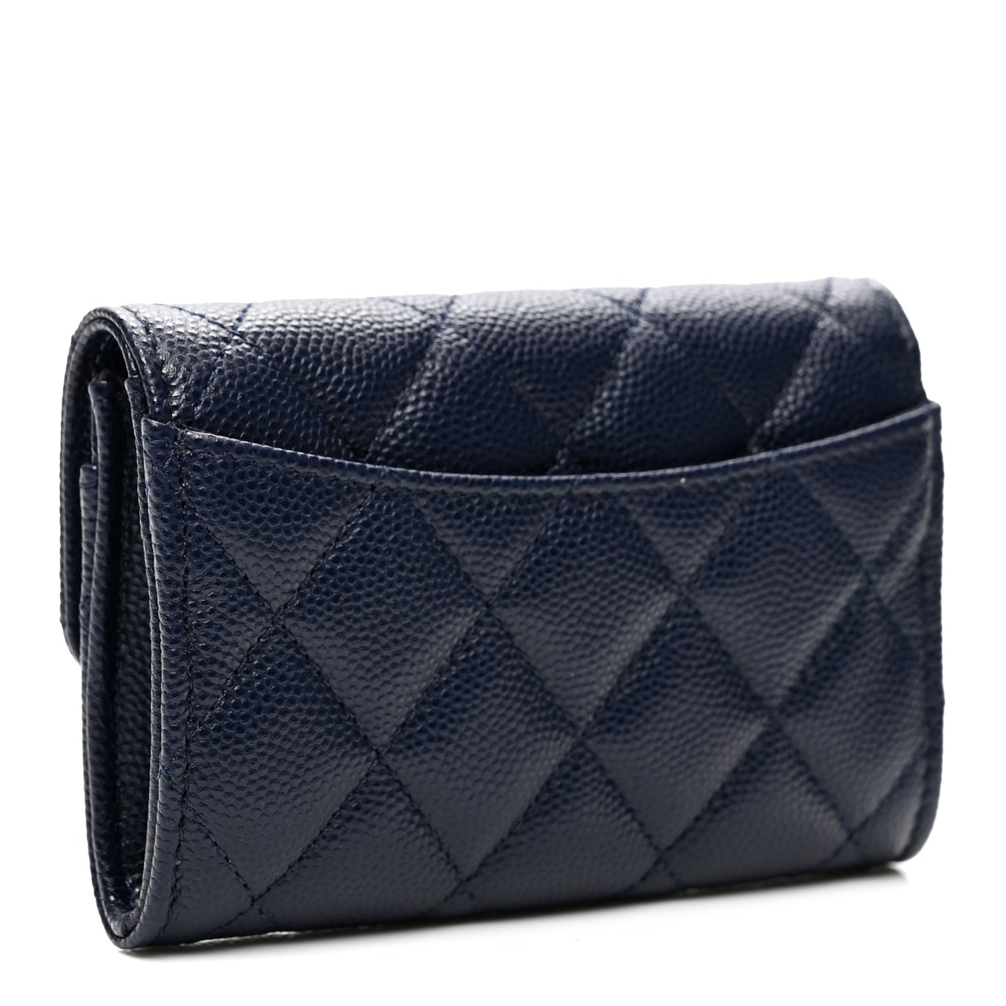 Caviar Quilted Flap Card Holder Wallet Navy Blue