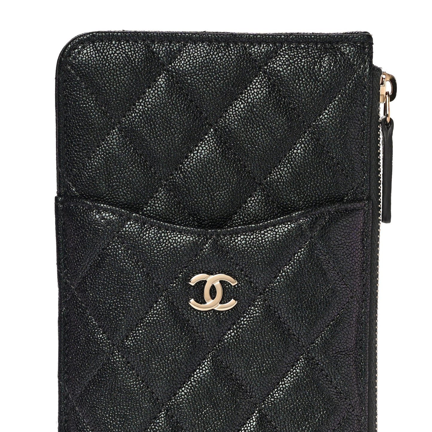 Iridescent Caviar Quilted Classic Flat Wallet Pouch Black