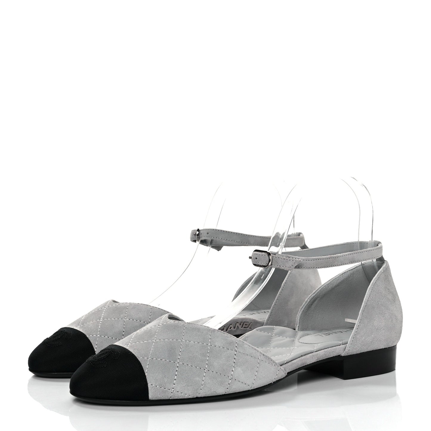 Suede Grosgrain Cap Toe CC Mary Jane Flats 39 Light Grey Black