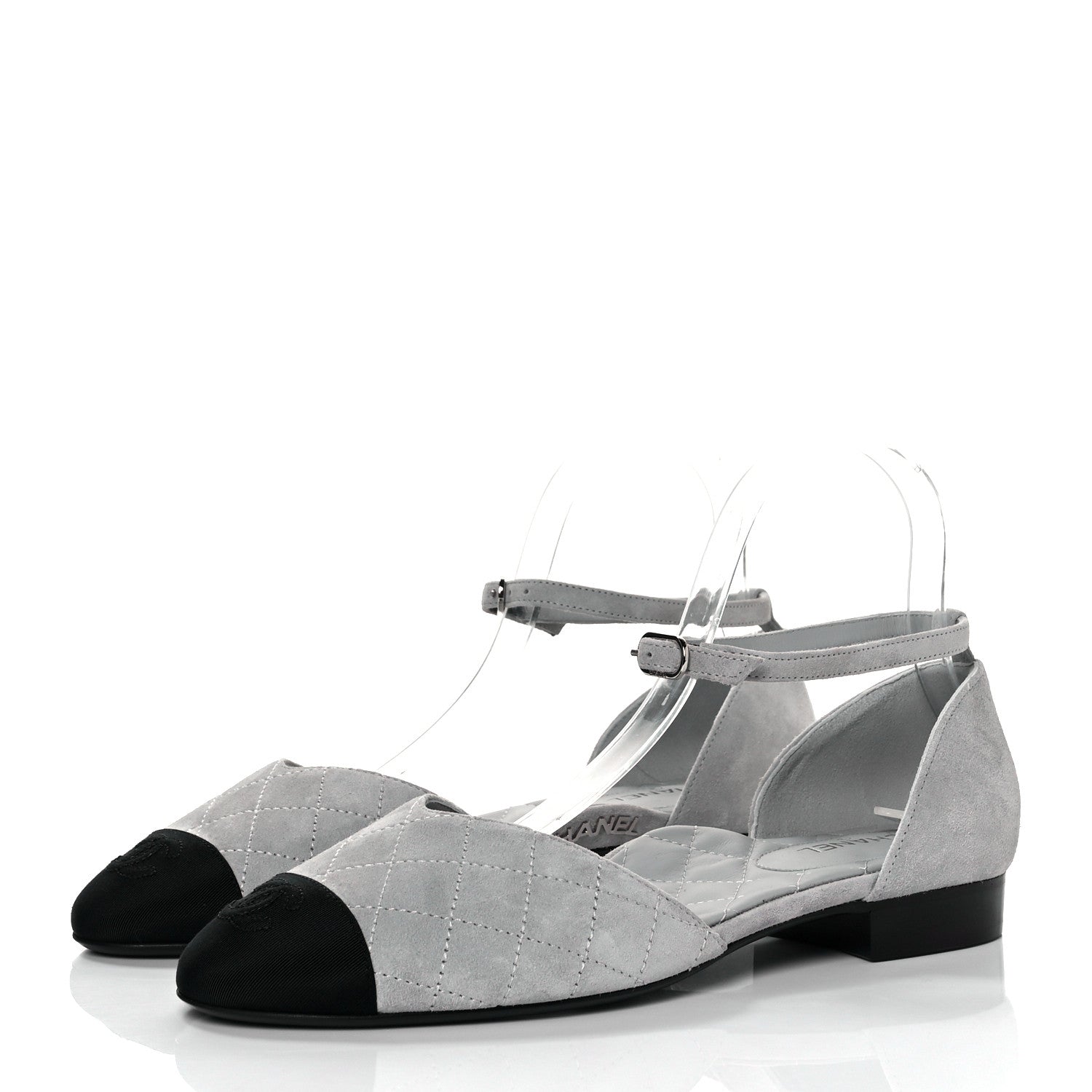 Chanel Suede Grosgrain Cap Toe CC Mary Jane Flats 39 Light Grey Black 3 of 9