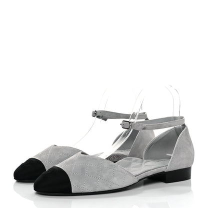 Chanel Suede Grosgrain Cap Toe CC Mary Jane Flats 39 Light Grey Black 3 of 9
